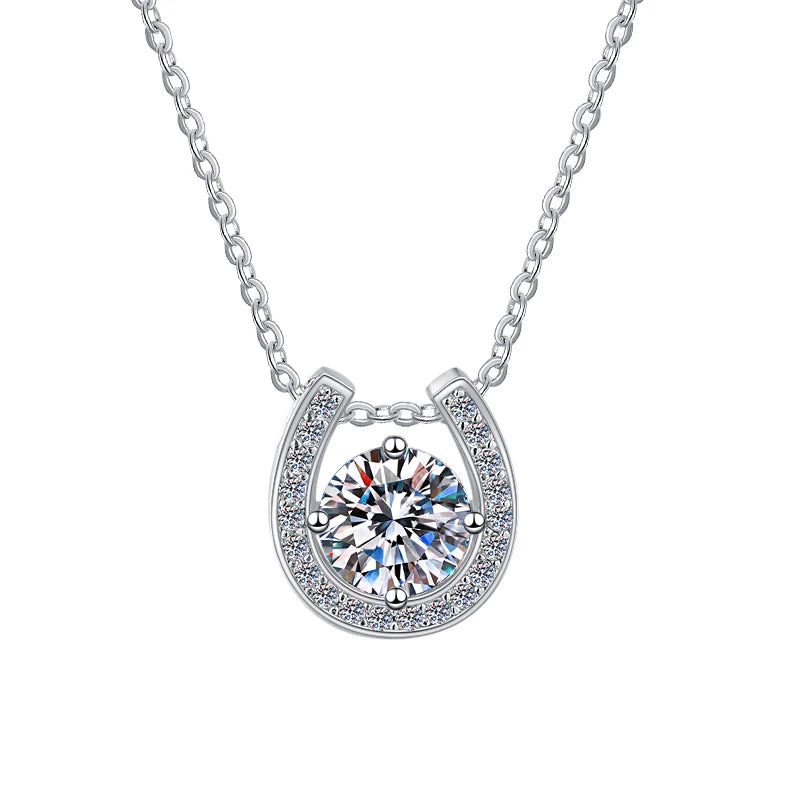 S925 Sterling Silver Horseshoe Moissanite Pendant Necklace – Rhodium Finish | GRA Certified