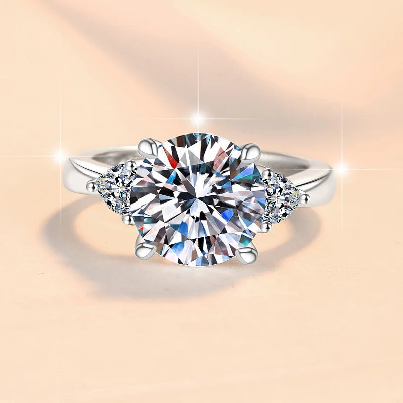 Three Stone Moissanite Engagement Ring | 4CT & 5CT | 925 Sterling Silver | Rhodium Finish | GRA Certified