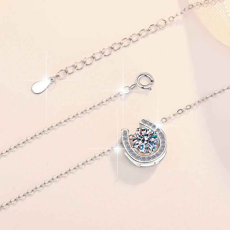 S925 Sterling Silver Horseshoe Moissanite Pendant Necklace – Rhodium Finish | GRA Certified