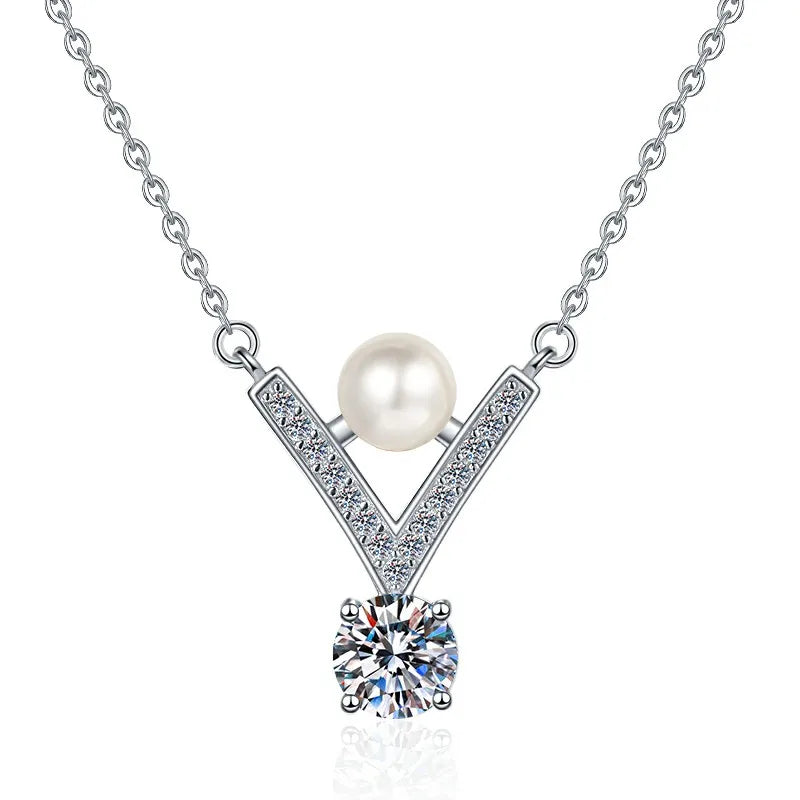 Freshwater Pearl & Moissanite Pendant Necklace | Rhodium Finish | S925 Sterling Silver | GRA Certified