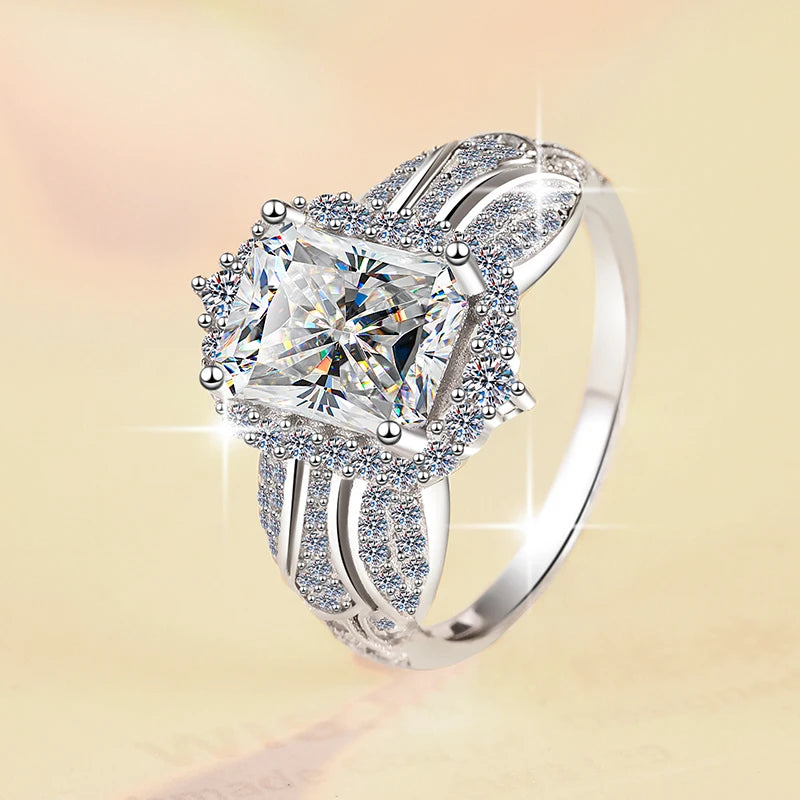 3ct Emerald & Radiant Cut Moissanite Engagement Ring | VVS1 D Colour | GRA Certified | S925 Silver | Rhodium Plated