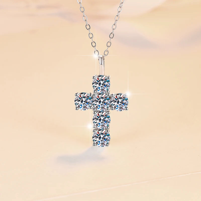 S925 Sterling Silver Multi-Stone Cross Moissanite Pendant Necklace – Rhodium Finish | GRA Certified