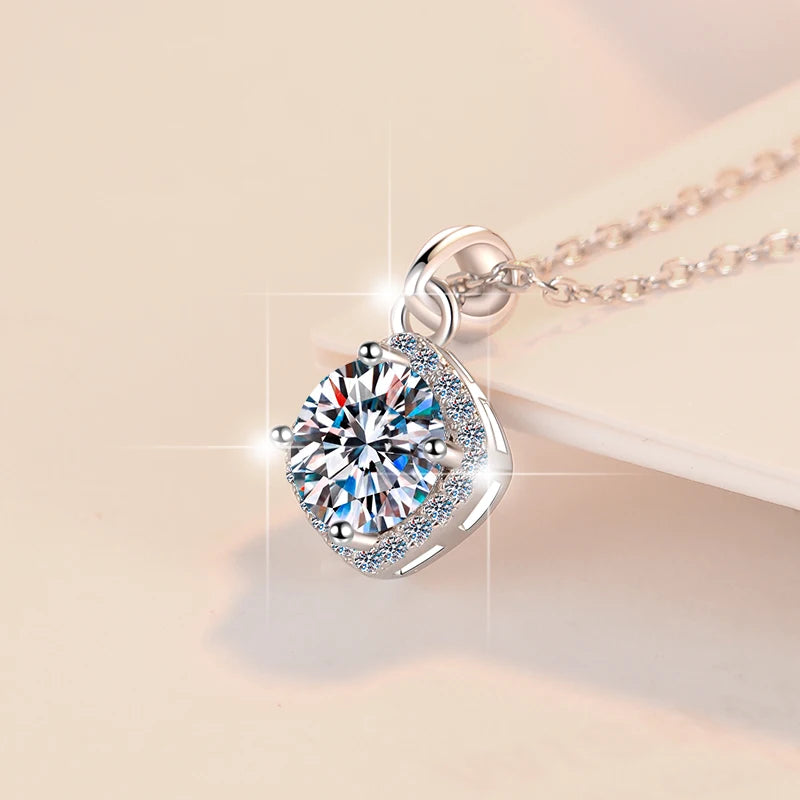 Square Cut Coloured Moissanite Pendant Necklace | Rhodium Finish | S925 Sterling Silver | GRA Certified