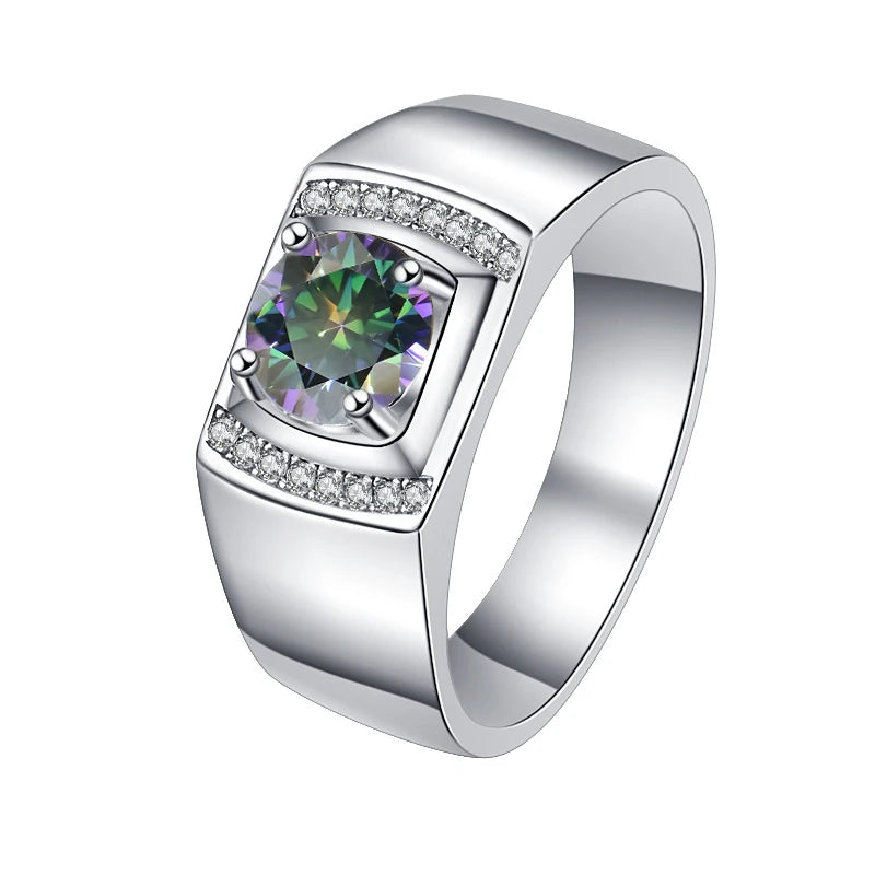 1Ct & 2Ct VVS1 Moissanite Men's Ring | Claw Set | Rhodium Finish | 925 Sterling Silver | GRA Certified