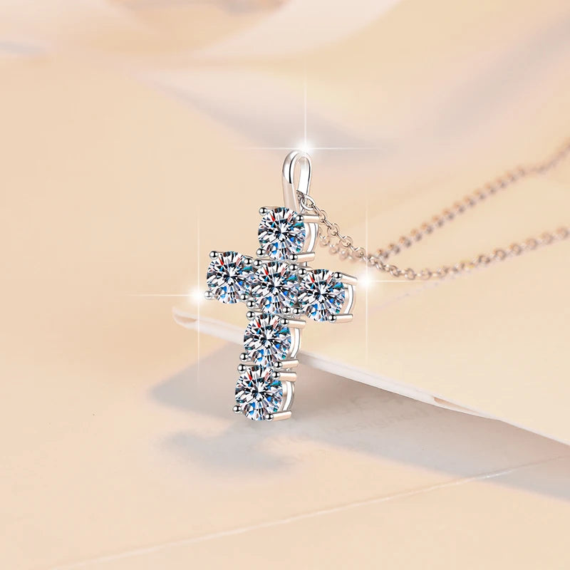 S925 Sterling Silver Multi-Stone Cross Moissanite Pendant Necklace – Rhodium Finish | GRA Certified