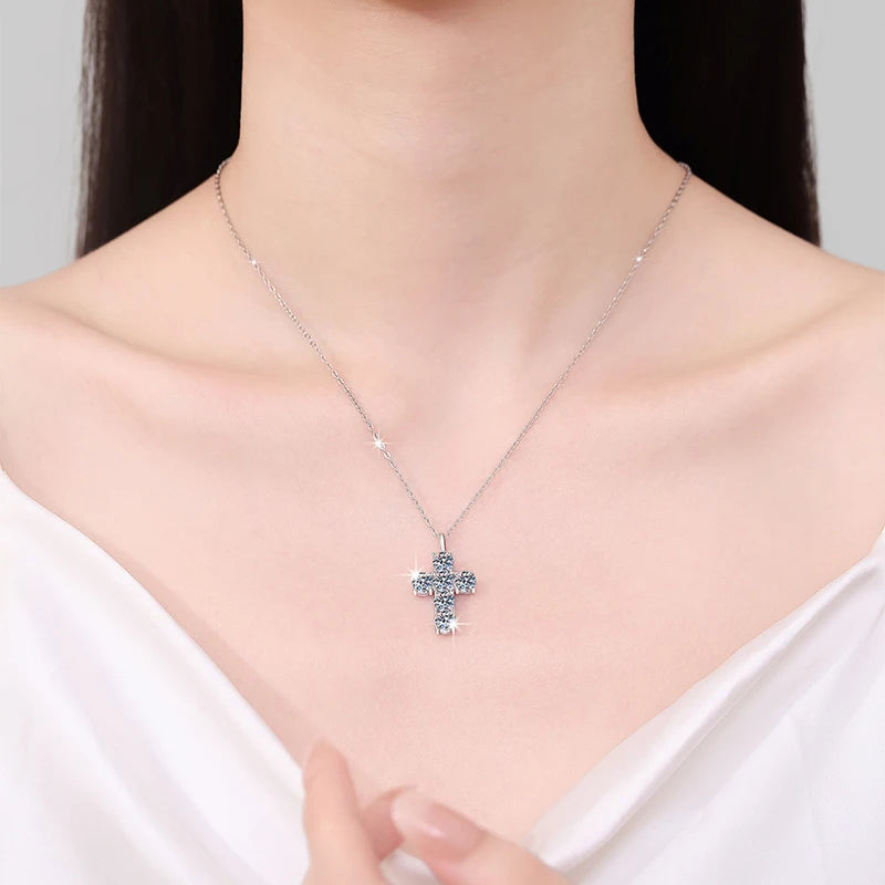 S925 Sterling Silver Multi-Stone Cross Moissanite Pendant Necklace – Rhodium Finish | GRA Certified