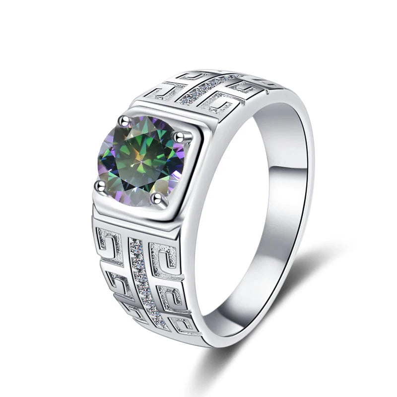 1CT Coloured Moissanite Claw Set Men's Ring | Rhodium Finish | S925 Sterling Silver | GRA Certified
