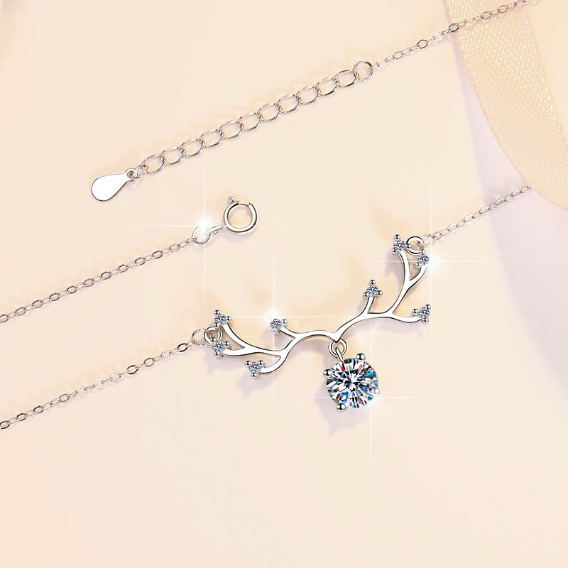 Antler Moissanite Pendant Necklace | Rhodium Finish | S925 Sterling Silver | GRA Certified