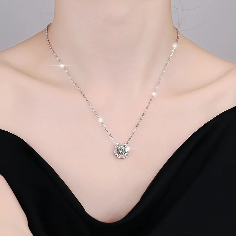 S925 Sterling Silver Horseshoe Moissanite Pendant Necklace – Rhodium Finish | GRA Certified