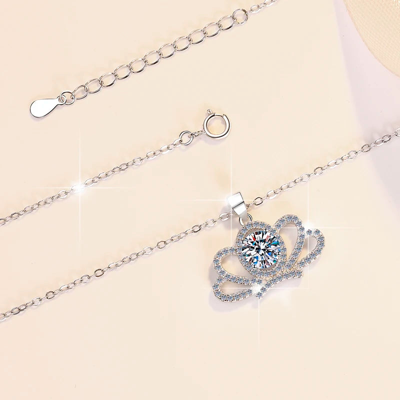 Moissanite Crown Pendant Necklace | Rhodium Finish | S925 Sterling Silver | GRA Certified