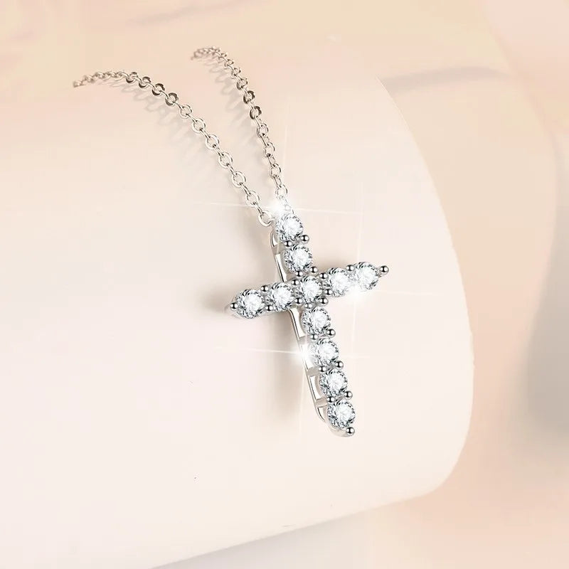 Moissanite Cross Pendant Necklace | Rhodium Finish | S925 Sterling Silver | GRA Certified