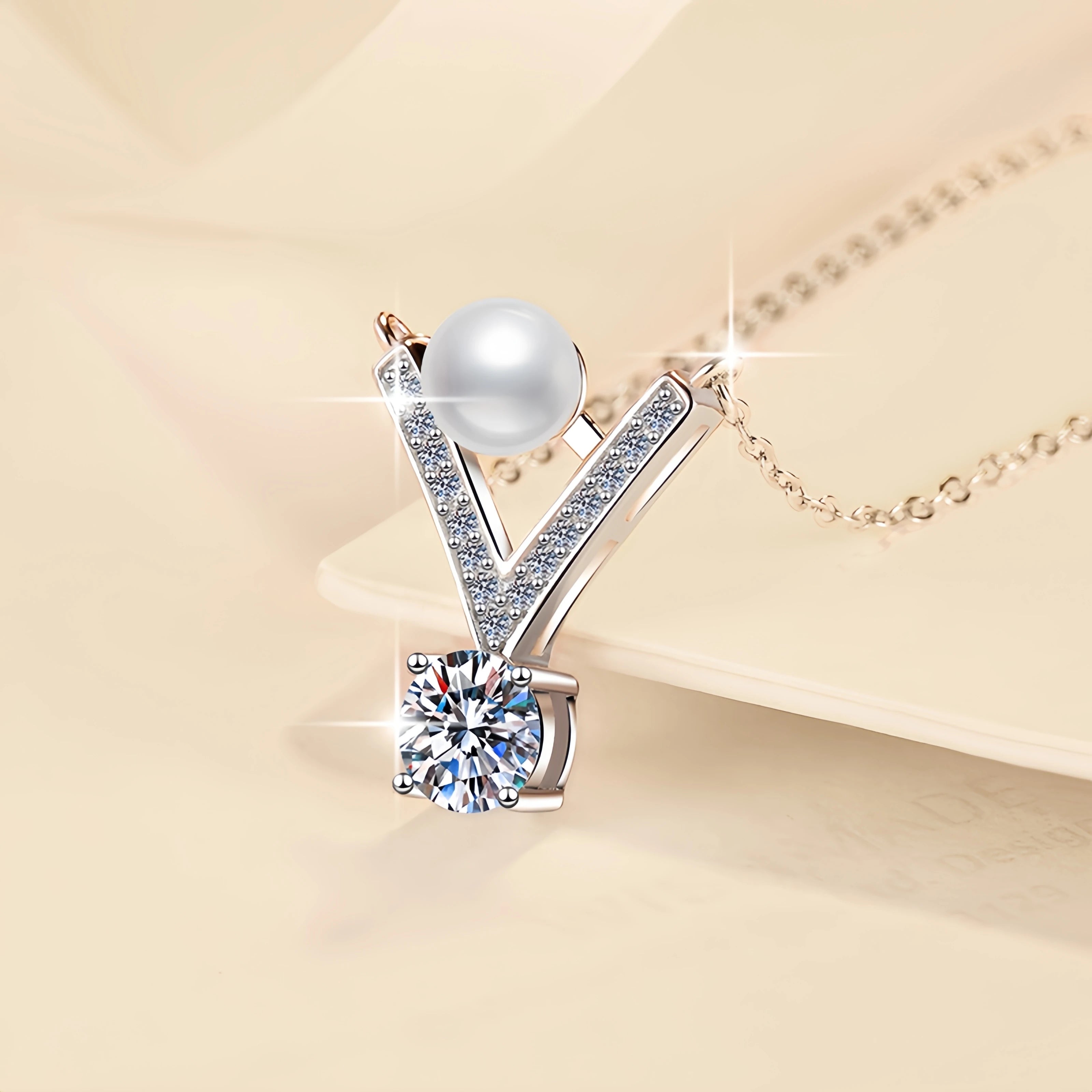 Freshwater Pearl & Moissanite Pendant Necklace | Rhodium Finish | S925 Sterling Silver | GRA Certified