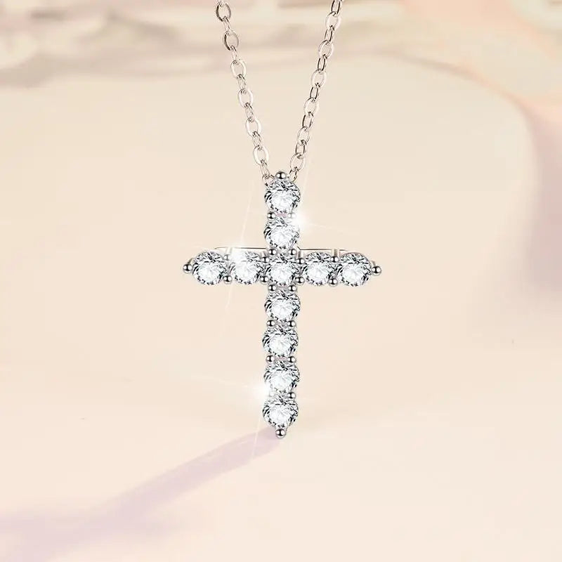 Moissanite Cross Pendant Necklace | Rhodium Finish | S925 Sterling Silver | GRA Certified