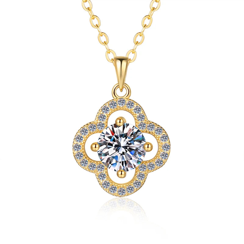 Four Leaf Clover Moissanite Pendant Necklace | 18K Gold & Rhodium Finish | S925 Sterling Silver | GRA Certified