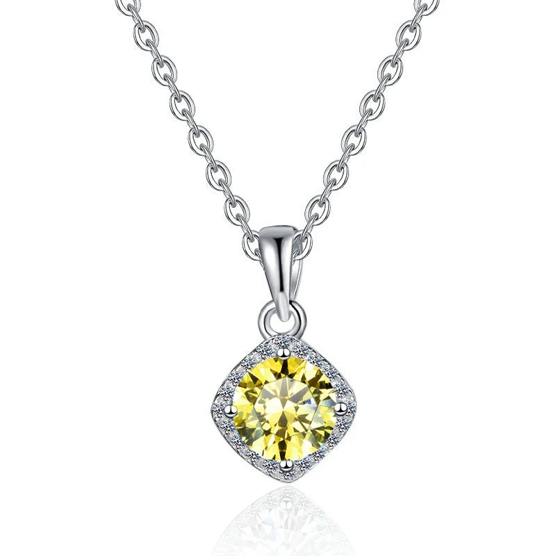Square Cut Coloured Moissanite Pendant Necklace | Rhodium Finish | S925 Sterling Silver | GRA Certified