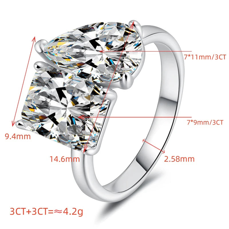 Two Stone Radiant Cut Moissanite Ring | 2CT+2CT & 3CT+3CT | 925 Sterling Silver | Rhodium Finish | GRA Certified