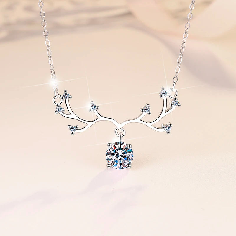Antler Moissanite Pendant Necklace | Rhodium Finish | S925 Sterling Silver | GRA Certified