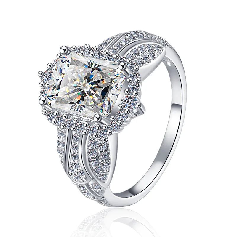 3ct Emerald & Radiant Cut Moissanite Engagement Ring | VVS1 D Colour | GRA Certified | S925 Silver | Rhodium Plated