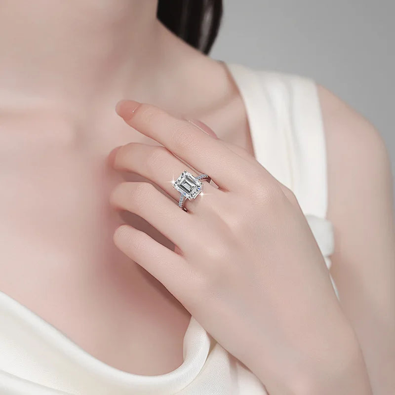 Emerald Cut Moissanite Engagement Ring | 2CT & 5CT | 925 Sterling Silver | Rhodium Finish | GRA Certified