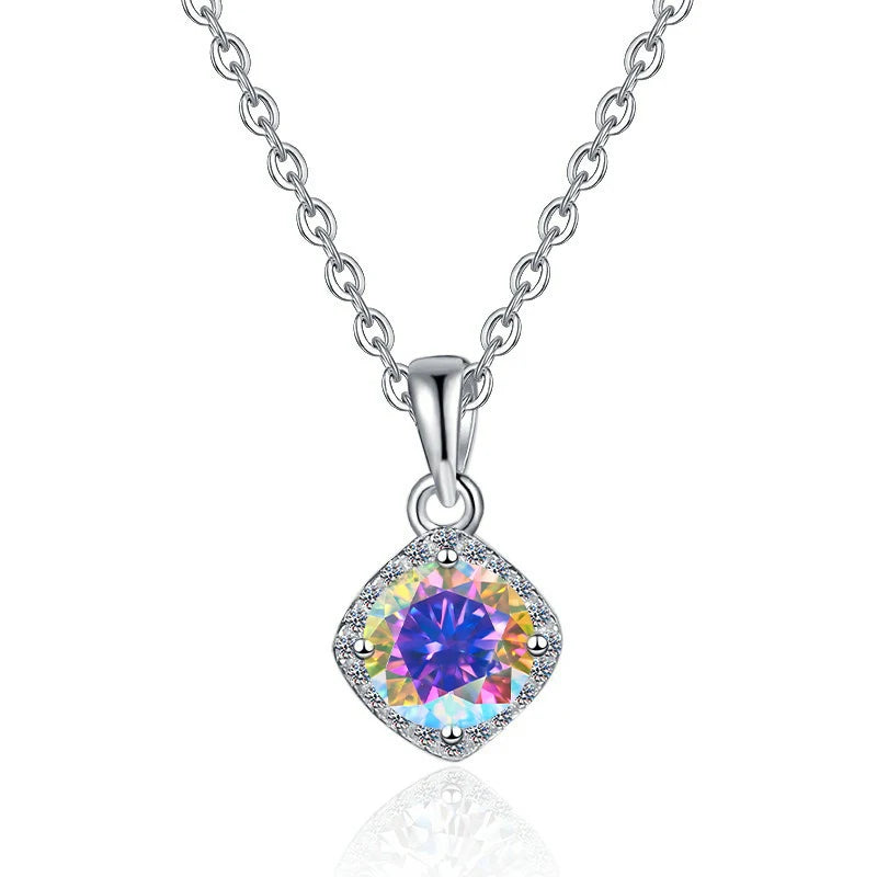 Square Cut Coloured Moissanite Pendant Necklace | Rhodium Finish | S925 Sterling Silver | GRA Certified
