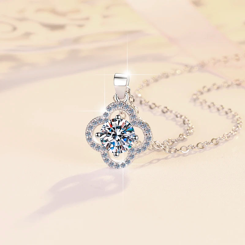 Four Leaf Clover Moissanite Pendant Necklace | 18K Gold & Rhodium Finish | S925 Sterling Silver | GRA Certified