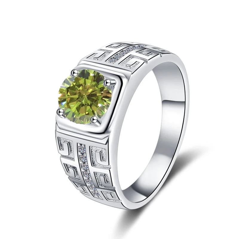1CT Coloured Moissanite Claw Set Men's Ring | Rhodium Finish | S925 Sterling Silver | GRA Certified