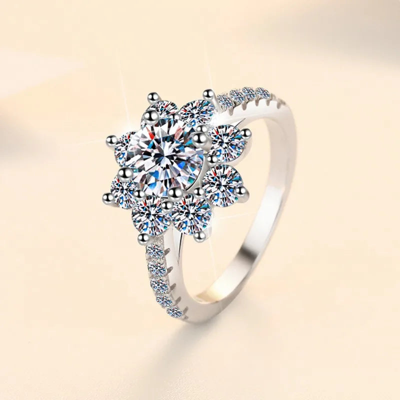 Round Brilliant Moissanite Flower Ring | 1ct–2ct VVS1 D Colour | GRA Certified | S925 Silver