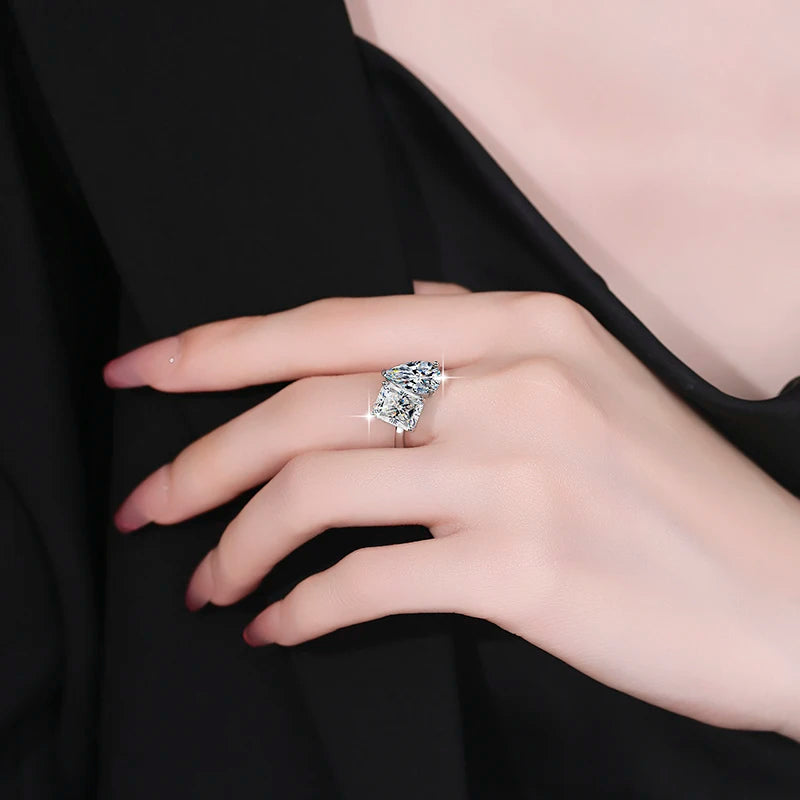 Two Stone Radiant Cut Moissanite Ring | 2CT+2CT & 3CT+3CT | 925 Sterling Silver | Rhodium Finish | GRA Certified