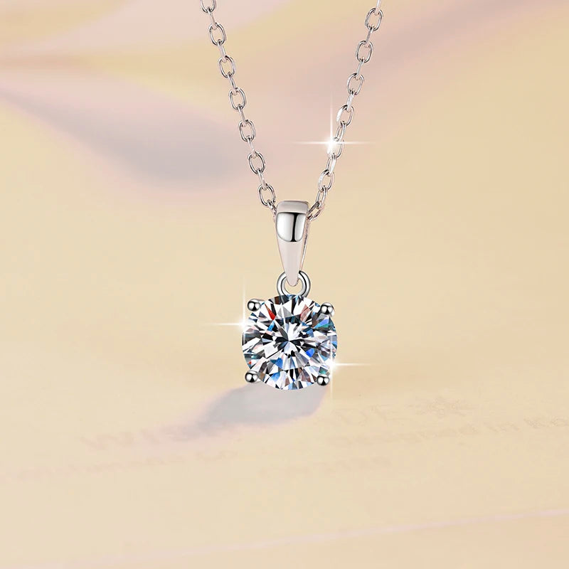 Moissanite Four Claw Pendant Necklace | Rhodium Finish | S925 Sterling Silver | GRA Certified
