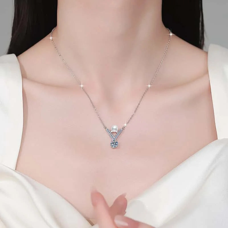 Freshwater Pearl & Moissanite Pendant Necklace | Rhodium Finish | S925 Sterling Silver | GRA Certified