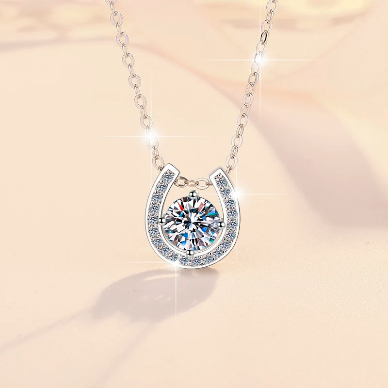 S925 Sterling Silver Horseshoe Moissanite Pendant Necklace – Rhodium Finish | GRA Certified