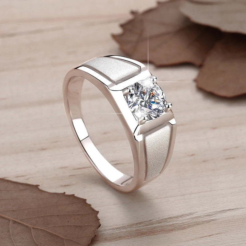 1Ct & 2Ct VVS1 Moissanite Men's Ring | Claw Set | Rhodium Finish | 925 Sterling Silver | GRA Certified