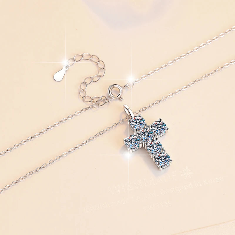 S925 Sterling Silver Multi-Stone Cross Moissanite Pendant Necklace – Rhodium Finish | GRA Certified