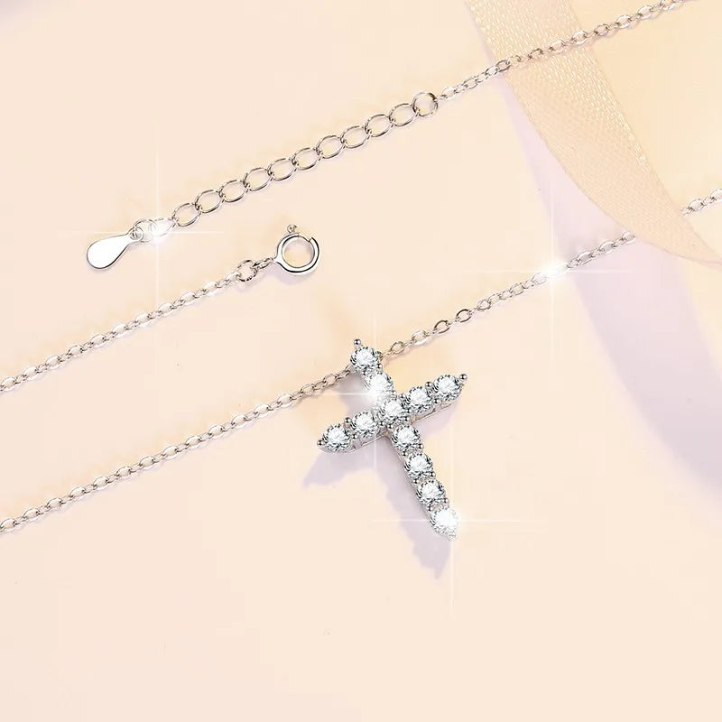 Moissanite Cross Pendant Necklace | Rhodium Finish | S925 Sterling Silver | GRA Certified