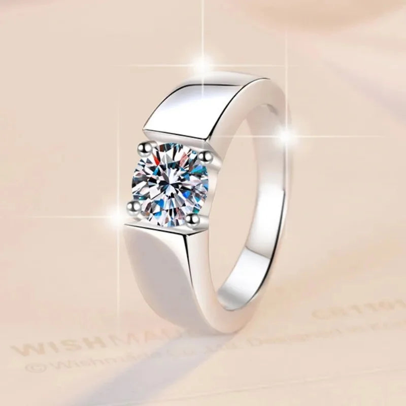 1Ct & 2Ct VVS1 Moissanite Men's Ring | Premium Claw Set | Rhodium Finish | 925 Sterling Silver | GRA Certified
