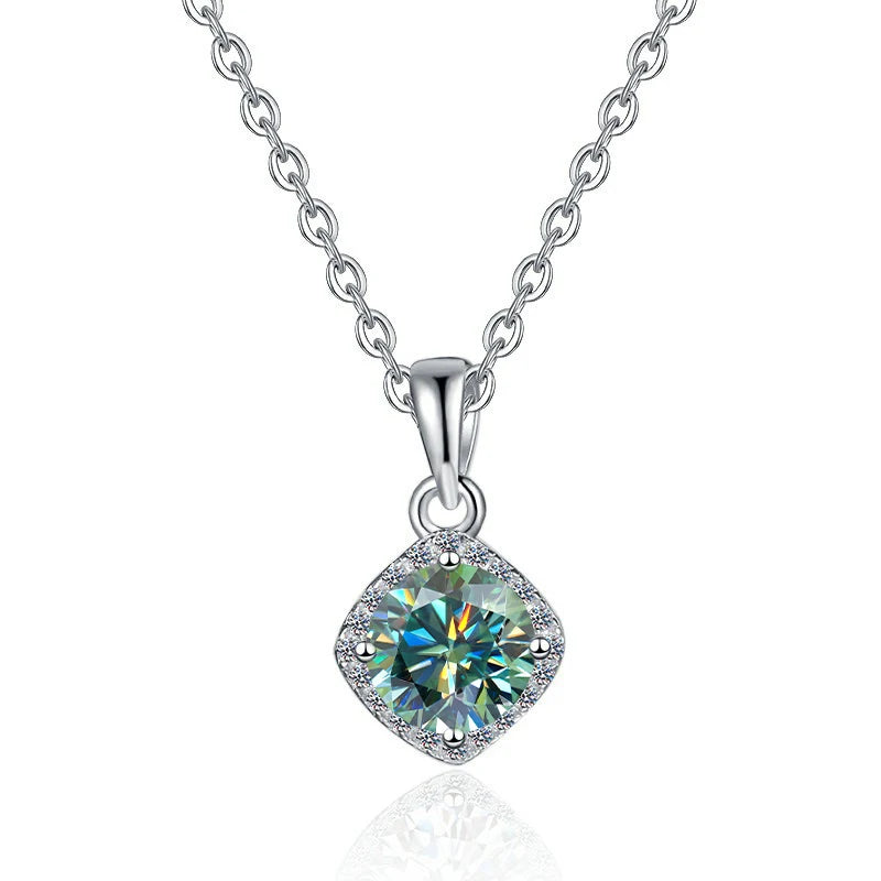 Square Cut Coloured Moissanite Pendant Necklace | Rhodium Finish | S925 Sterling Silver | GRA Certified