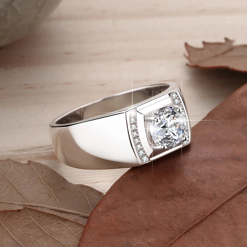 1Ct VVS1 Moissanite Men's Ring | White Gold Finish | Rhodium Plated | 925 Sterling Silver | GRA Certified