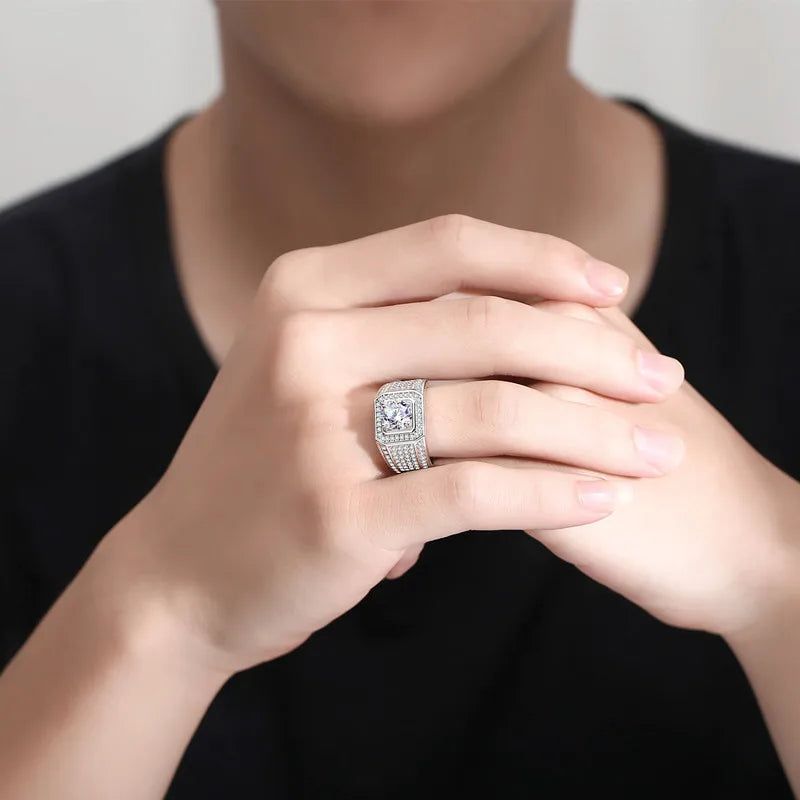 2CT Moissanite Solitaire Men's Ring | Rhodium Finish | S925 Sterling Silver | GRA Certified