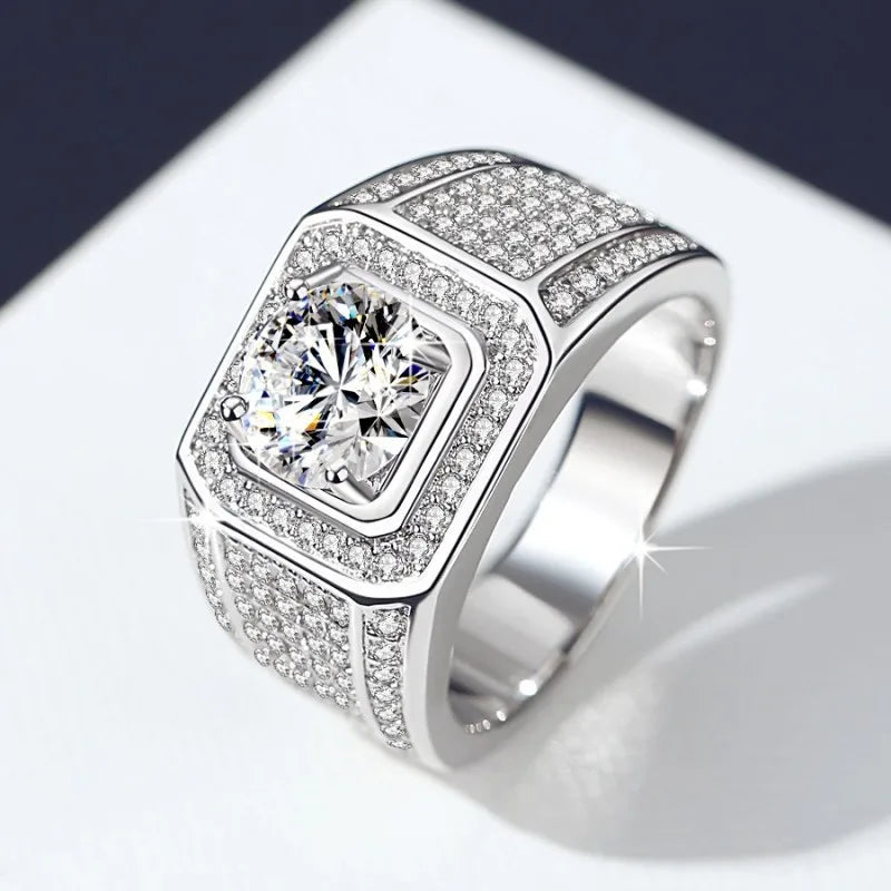 2CT Moissanite Solitaire Men's Ring | Rhodium Finish | S925 Sterling Silver | GRA Certified