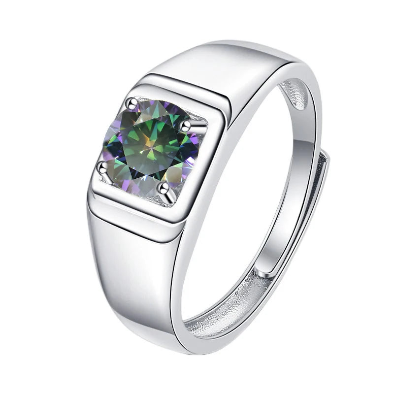 1CT Coloured Moissanite Prong Set Men's Ring | Rhodium Finish | S925 Sterling Silver | GRA Certified