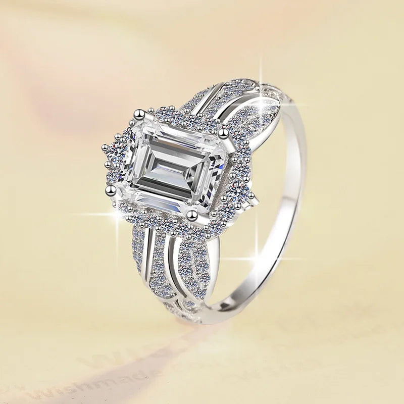 3ct Emerald & Radiant Cut Moissanite Engagement Ring | VVS1 D Colour | GRA Certified | S925 Silver | Rhodium Plated