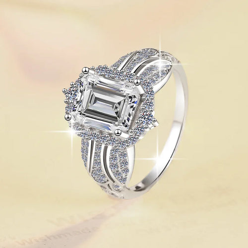 3ct Emerald & Radiant Cut Moissanite Engagement Ring | VVS1 D Colour | GRA Certified | S925 Silver | Rhodium Plated