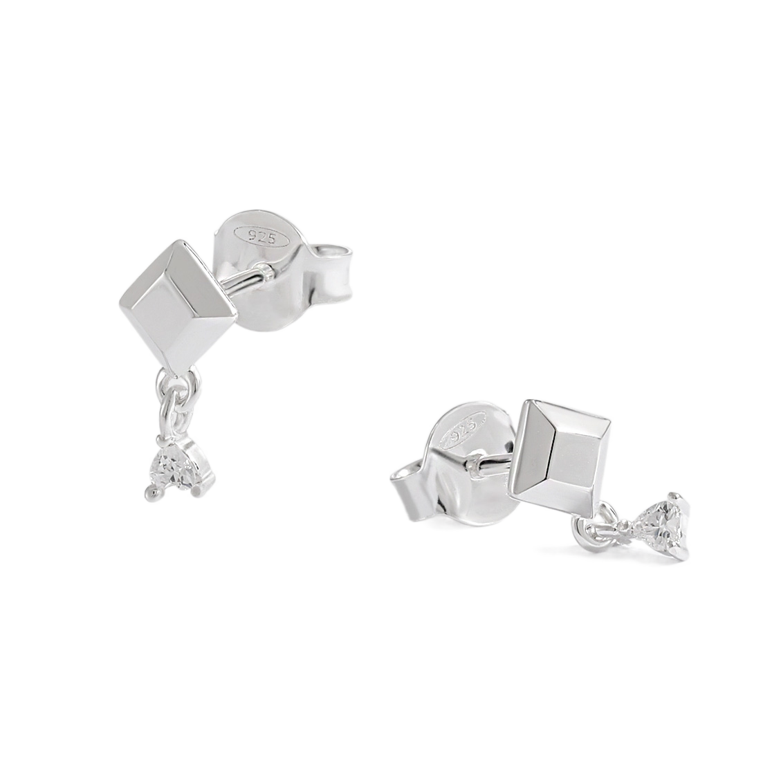 Geometric Heart CZ Stud Earrings - 925 Sterling Silver