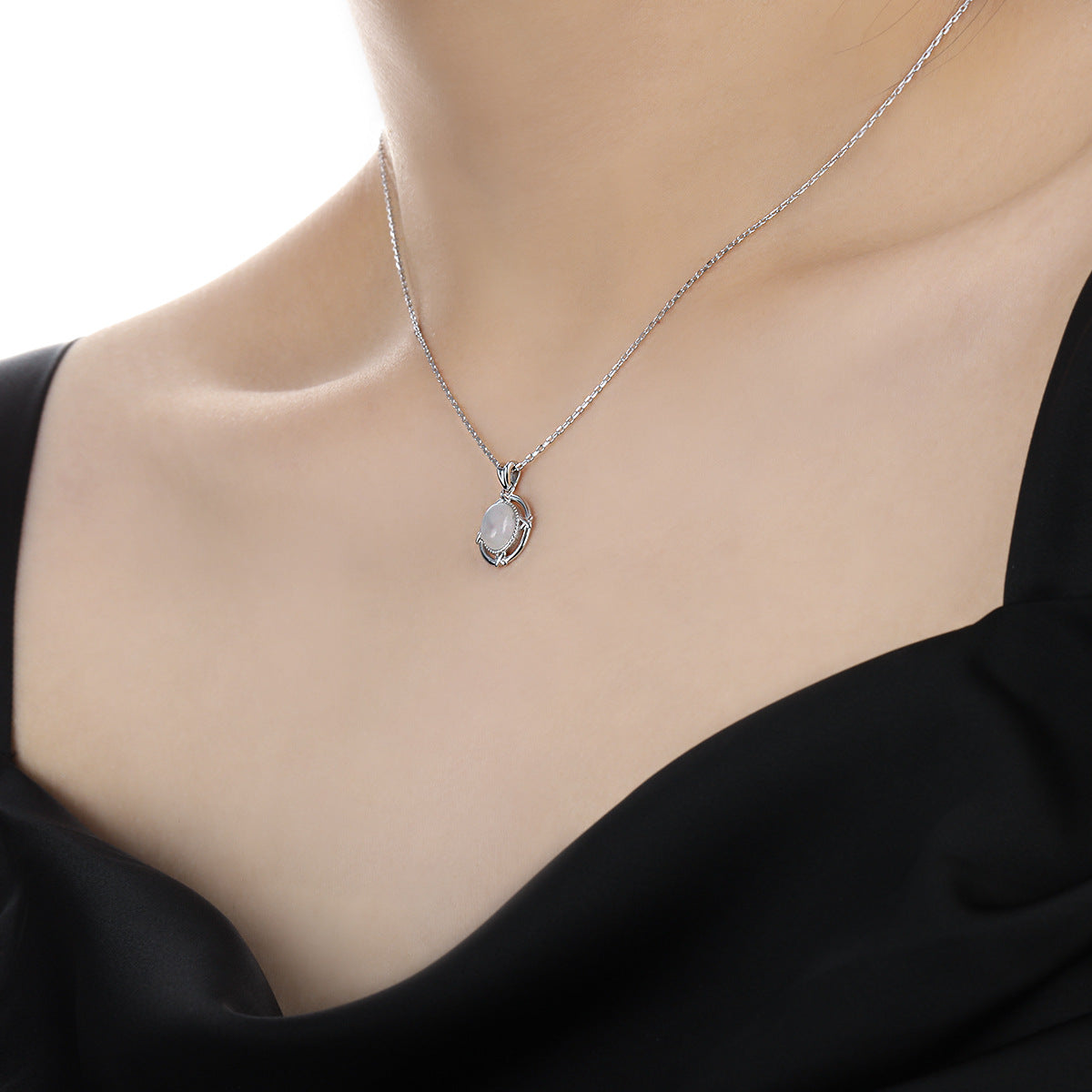 Geometric Oval Moonstone & Green Agate Necklace - 925 Sterling Silver
