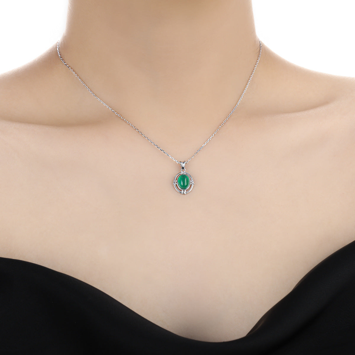 Geometric Oval Moonstone & Green Agate Necklace - 925 Sterling Silver