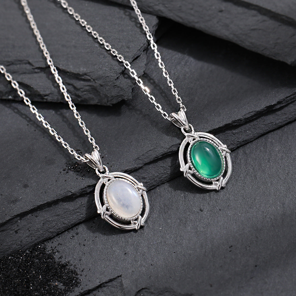Geometric Oval Moonstone & Green Agate Necklace - 925 Sterling Silver