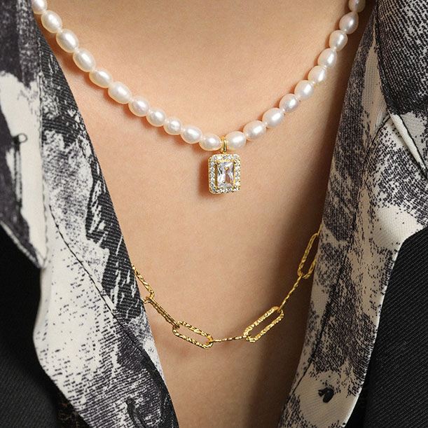 Elegant Natural Pearl Rectangle CZ Necklace | 925 Sterling Silver
