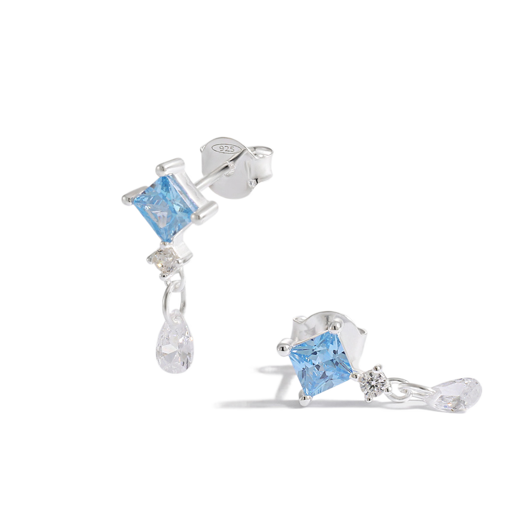 Blue Rhombus CZ Dangling Earrings - 925 Sterling Silver