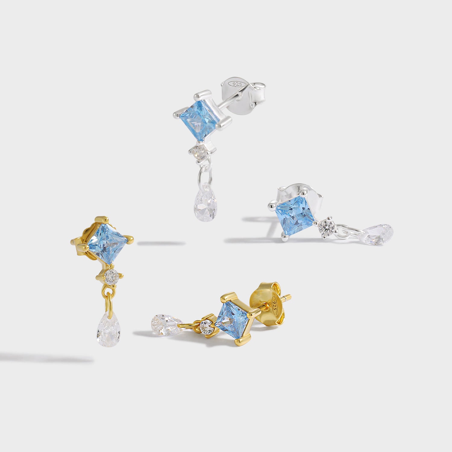 Blue Rhombus CZ Dangling Earrings - 925 Sterling Silver