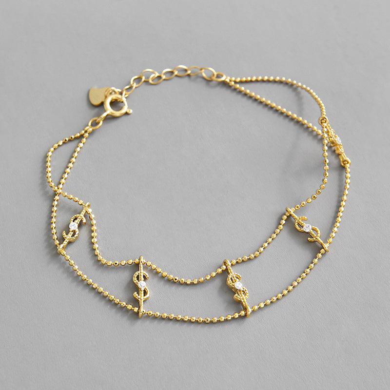 Dollar Sign CZ Charm Bracelet - 925 Sterling Silver